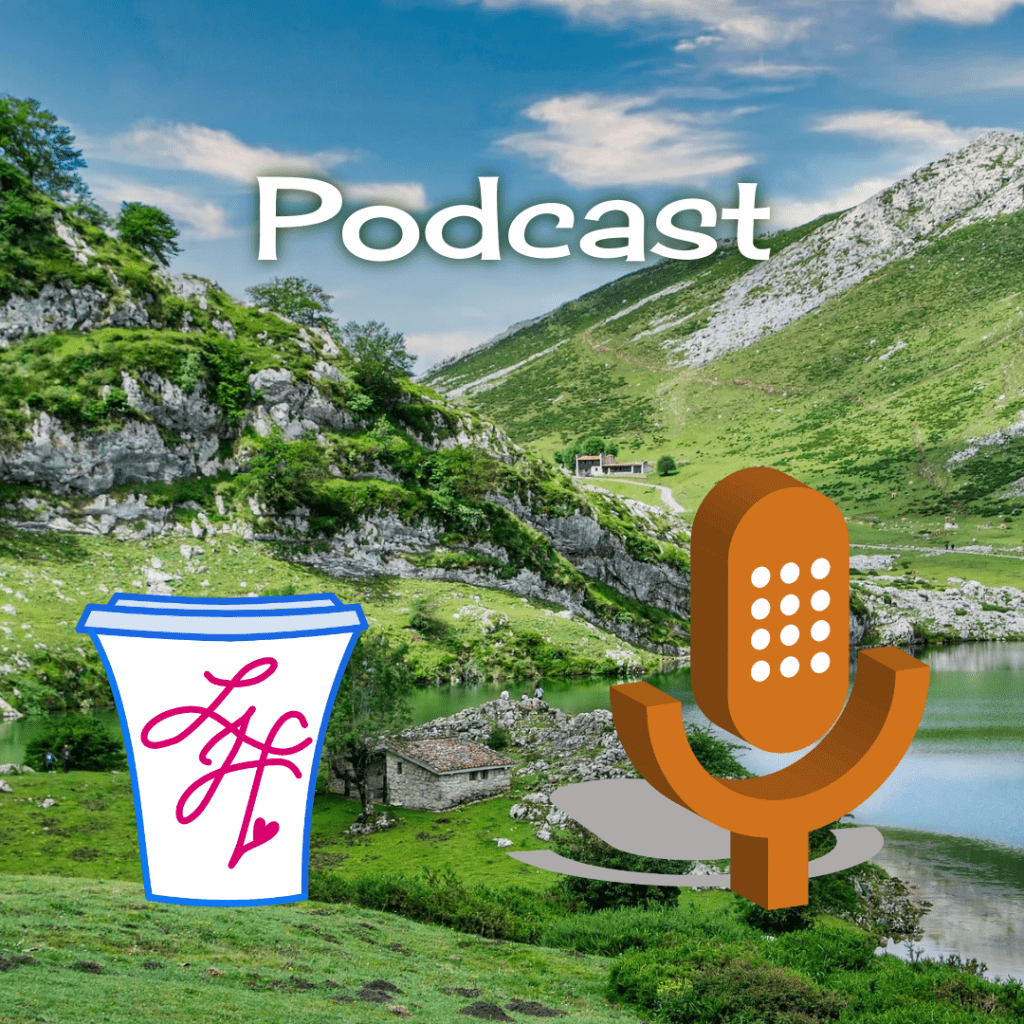 Podcast on a rural mountain background, with a microphone and Lia Huni's coffee cup logo